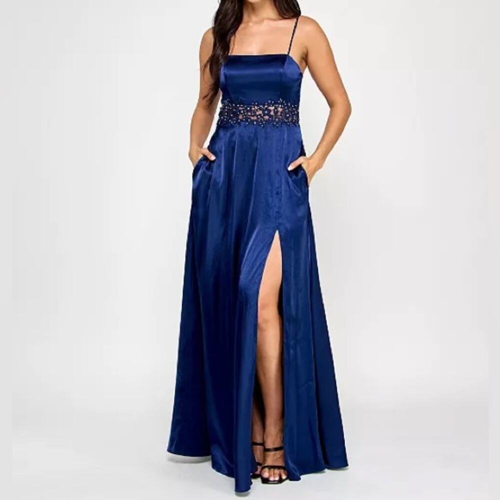 City Studios Juniors' Satin Floral-Inset Side-Slit Gown Navy Sz 9/10